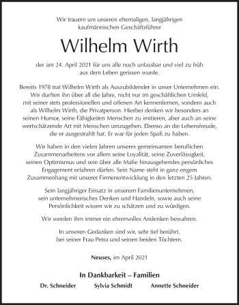 Anzeige von Wilhelm Wirth von MGO