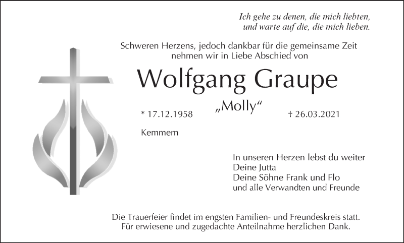  Traueranzeige für Wolfgang Graupe vom 03.04.2021 aus MGO
