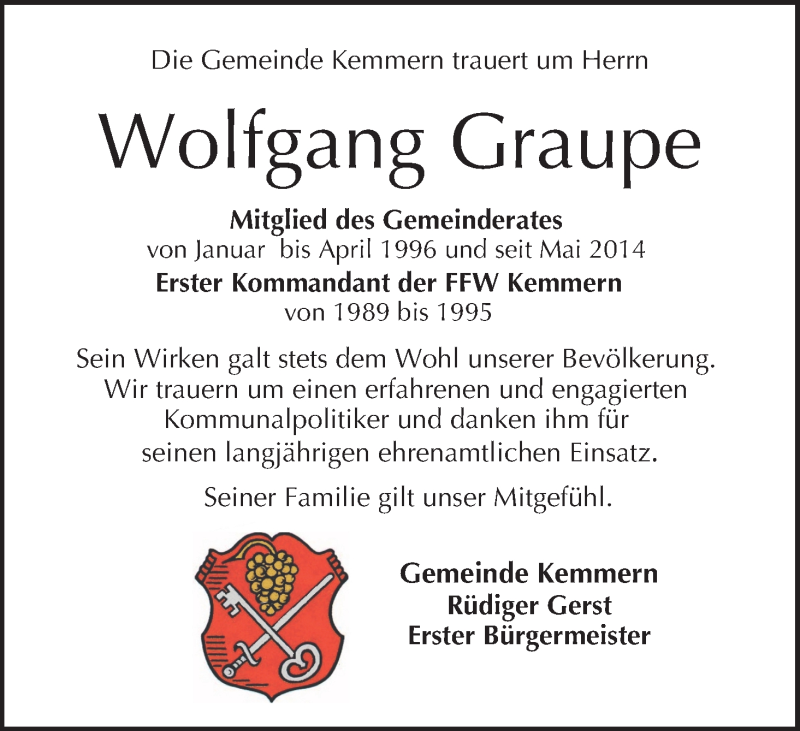  Traueranzeige für Wolfgang Graupe vom 03.04.2021 aus MGO