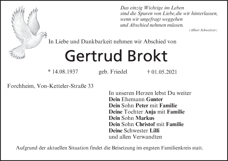  Traueranzeige für Gertrud Brokt vom 05.05.2021 aus MGO