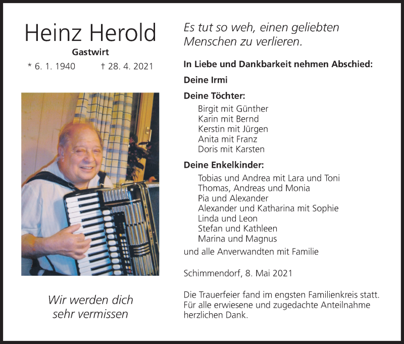  Traueranzeige für Heinz Herold vom 08.05.2021 aus MGO