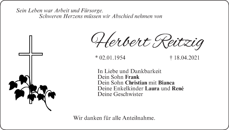  Traueranzeige für Herbert Reitzig vom 08.05.2021 aus MGO