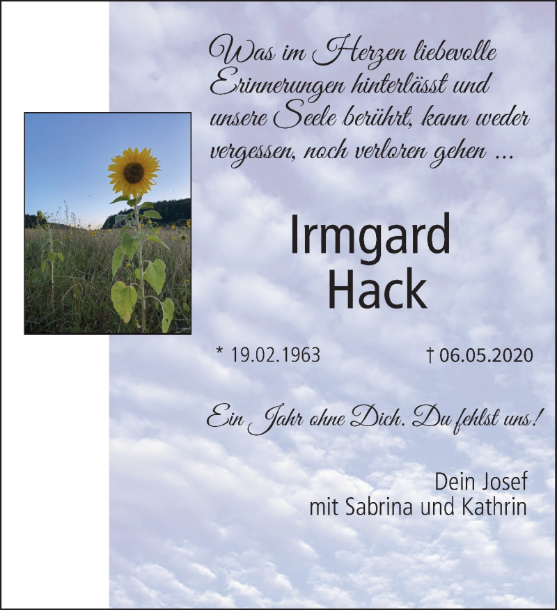  Traueranzeige für Irmgard Hack vom 06.05.2021 aus MGO