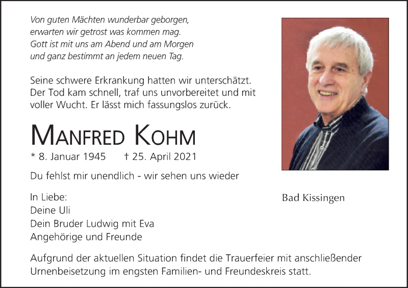  Traueranzeige für Manfred Kohm vom 08.05.2021 aus MGO