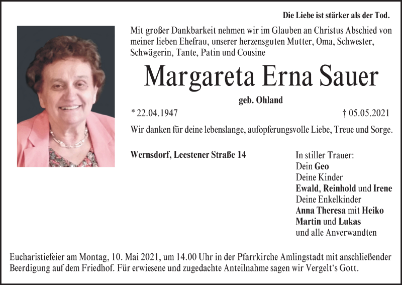  Traueranzeige für Margareta Erna Sauer vom 08.05.2021 aus MGO