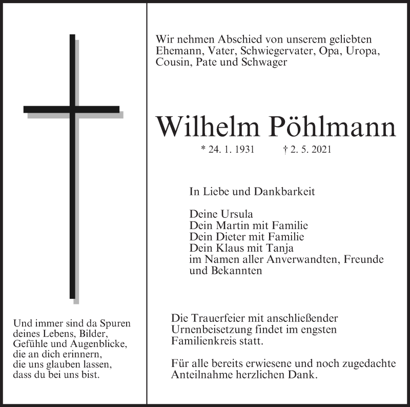  Traueranzeige für Wilhelm Pöhlmann vom 05.05.2021 aus MGO