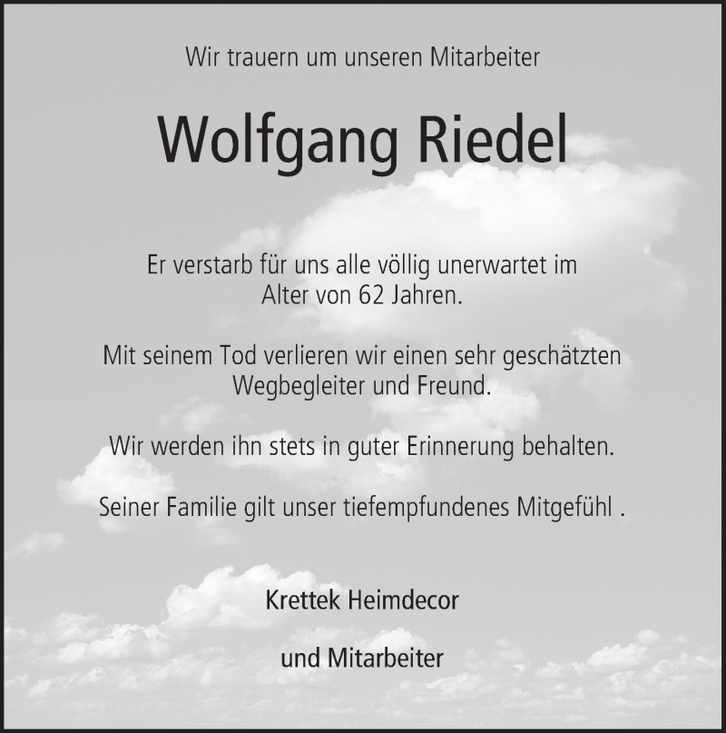  Traueranzeige für Wolfgang Riedel vom 08.05.2021 aus MGO