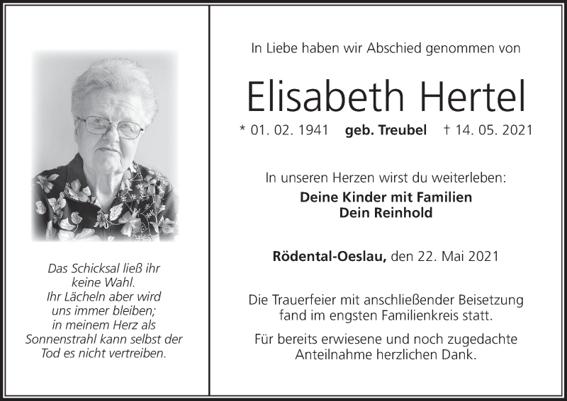  Traueranzeige für Elisabeth Hertel vom 22.05.2021 aus MGO