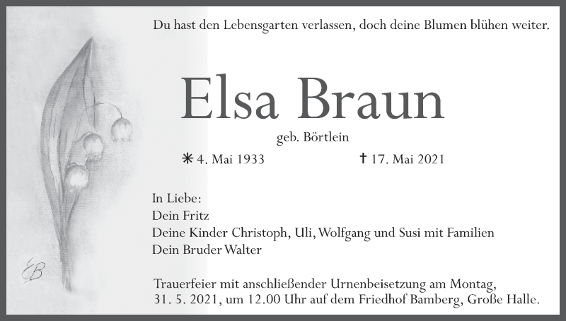  Traueranzeige für Elsa Braun vom 29.05.2021 aus MGO