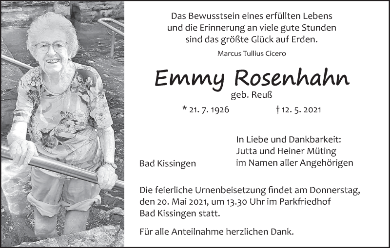  Traueranzeige für Emmy Rosenhahn vom 15.05.2021 aus MGO