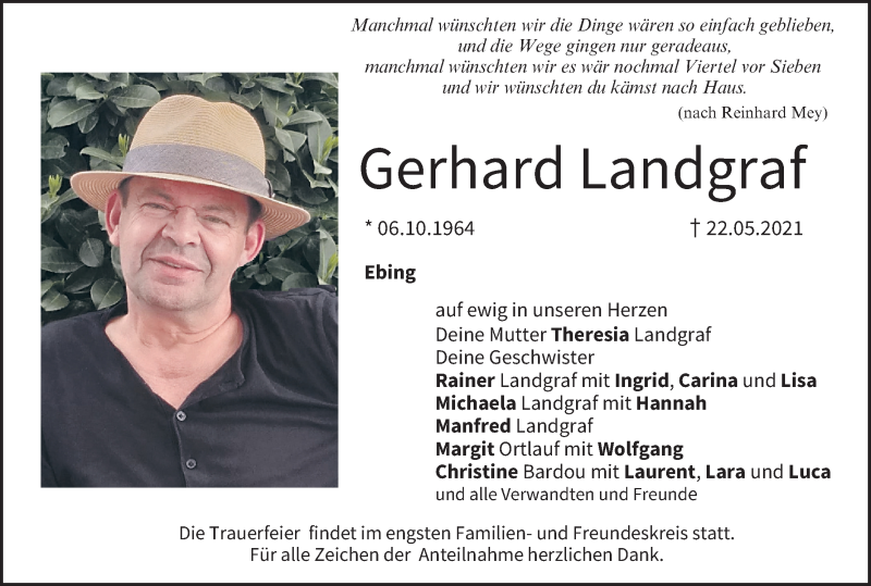  Traueranzeige für Gerhard Landgraf vom 29.05.2021 aus MGO