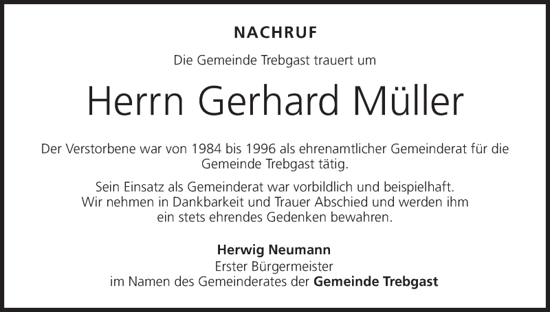 Gerhard Müller | Traueranzeige | trauer.inFranken.de