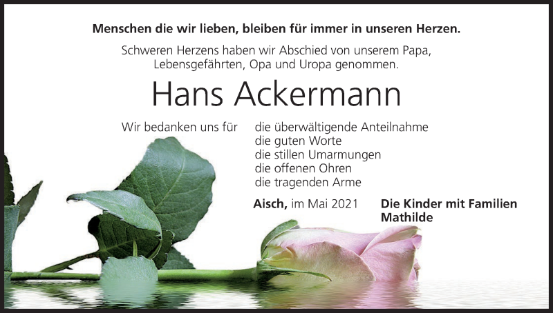  Traueranzeige für Hans Ackermann vom 21.05.2021 aus MGO