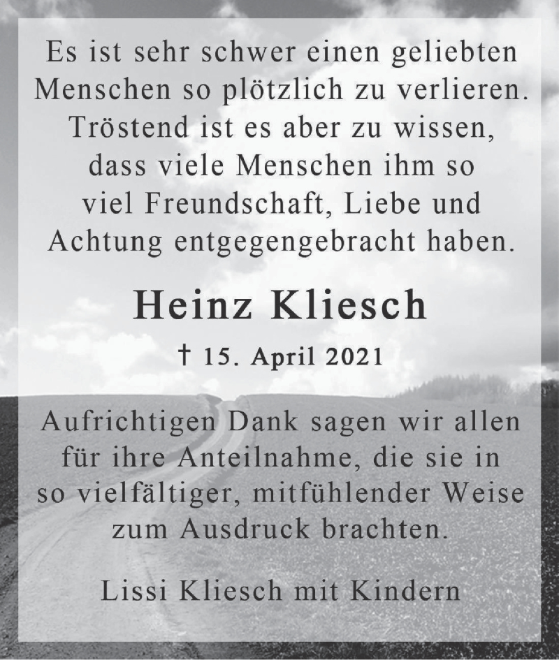  Traueranzeige für Heinz Kliesch vom 15.05.2021 aus MGO