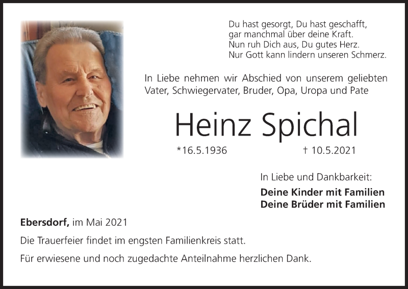  Traueranzeige für Heinz Spichal vom 15.05.2021 aus MGO