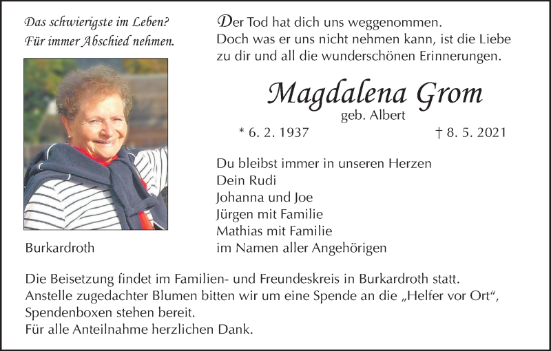 Traueranzeige für Magdalena Grom vom 15.05.2021 aus MGO