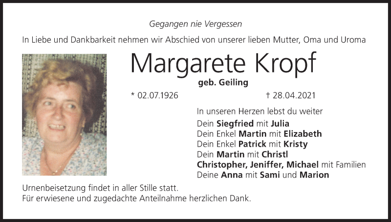  Traueranzeige für Margarete Kropf vom 13.05.2021 aus MGO
