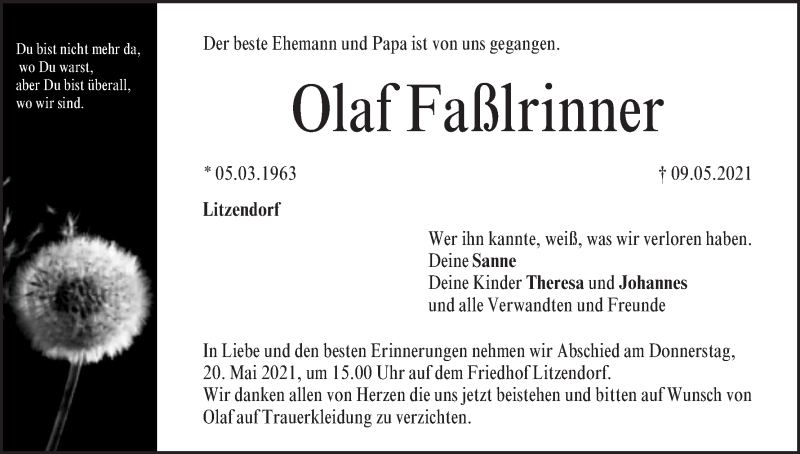  Traueranzeige für Olaf Faßlrinner vom 15.05.2021 aus MGO