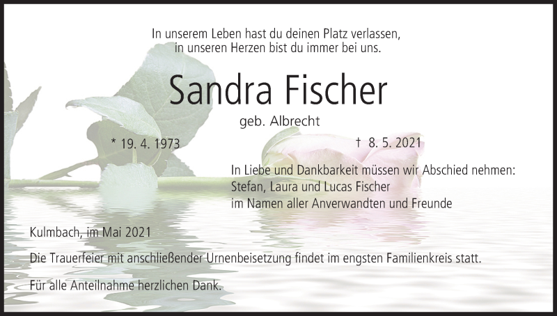  Traueranzeige für Sandra Fischer vom 15.05.2021 aus MGO