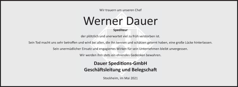  Traueranzeige für Werner Dauer vom 22.05.2021 aus MGO