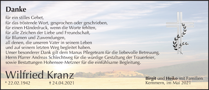  Traueranzeige für Wilfried Kranz vom 15.05.2021 aus MGO