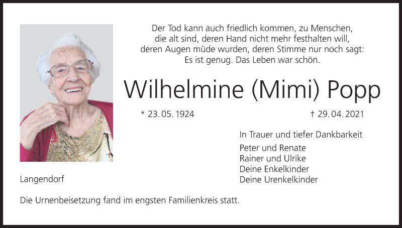  Traueranzeige für Wilhelmine Popp vom 22.05.2021 aus MGO