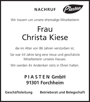 Anzeige von Christa Kiese von MGO