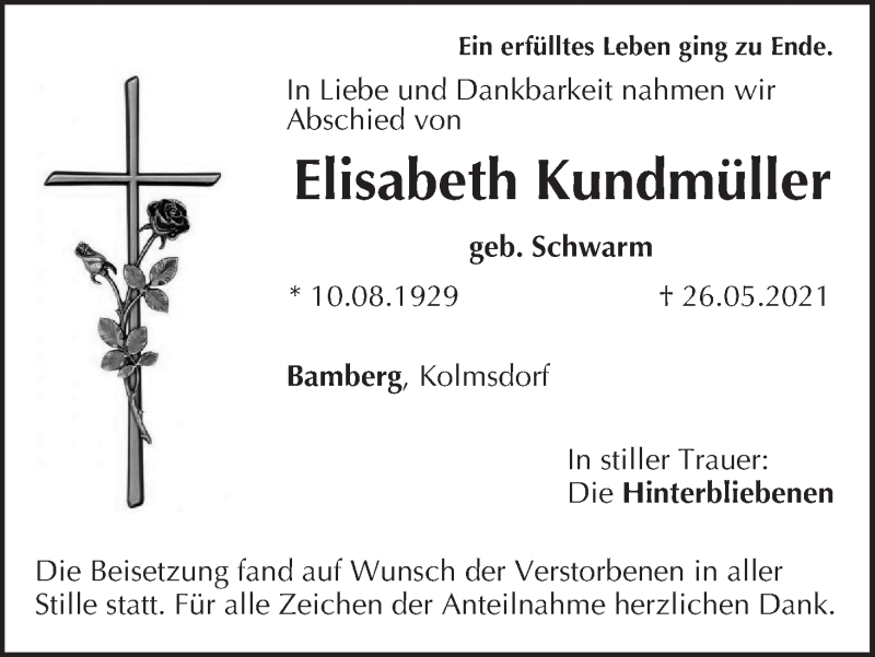  Traueranzeige für Elisabeth Kundmüller vom 12.06.2021 aus MGO
