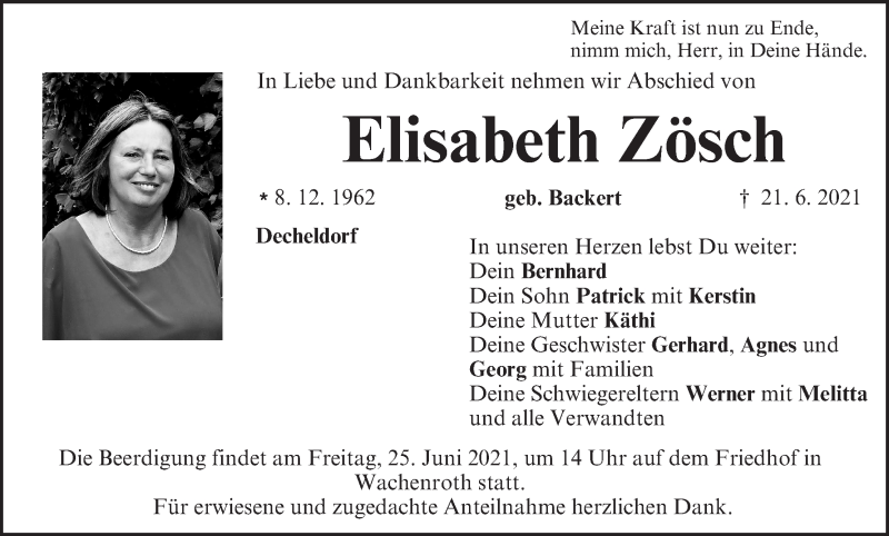  Traueranzeige für Elisabeth Zösch vom 23.06.2021 aus MGO