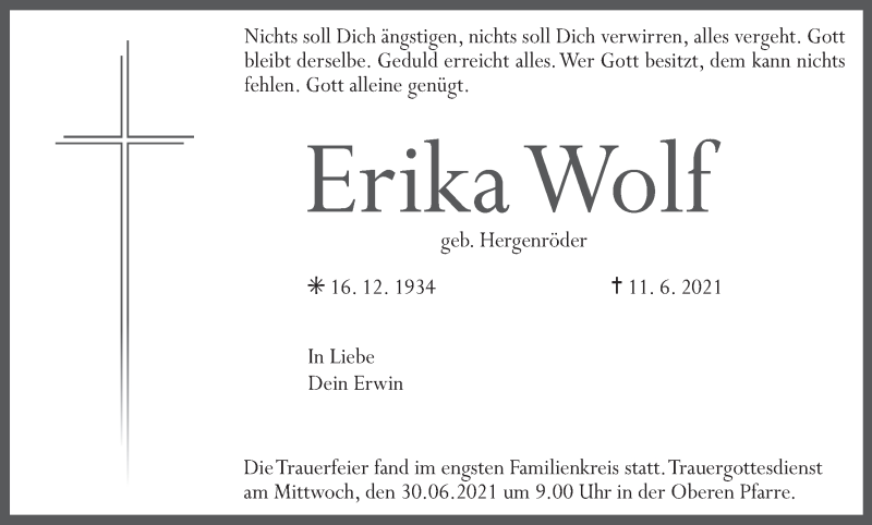  Traueranzeige für Erika Wolf vom 19.06.2021 aus MGO