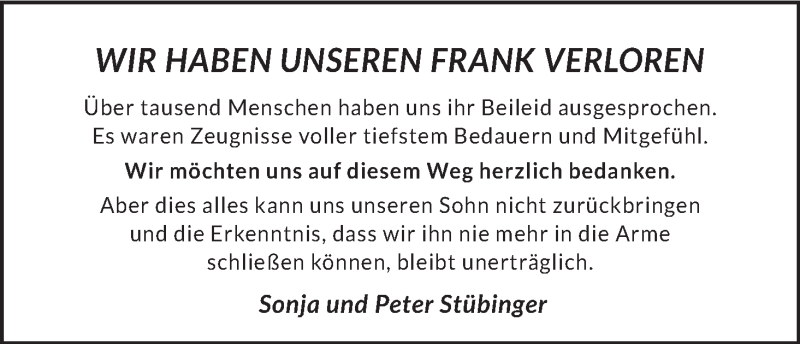  Traueranzeige für Frank Stübinger vom 26.06.2021 aus MGO