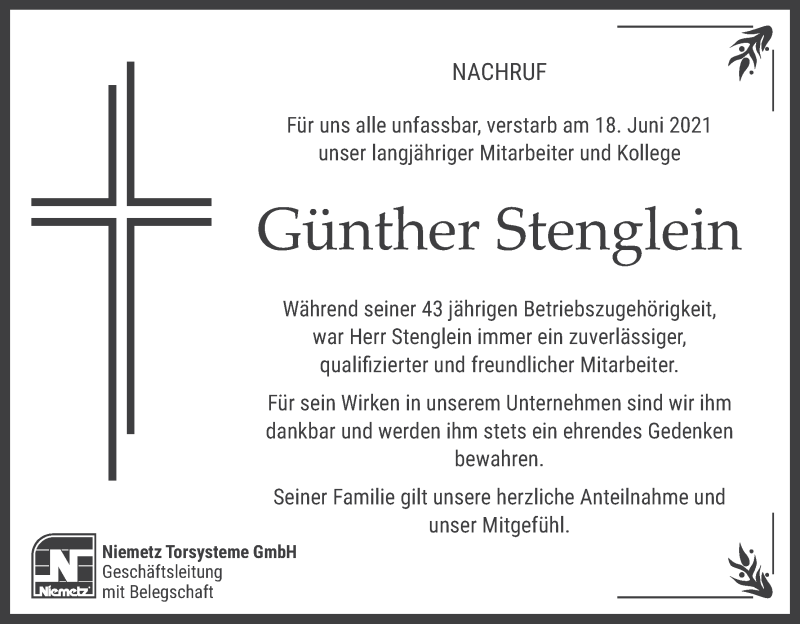  Traueranzeige für Günther Stenglein vom 24.06.2021 aus MGO