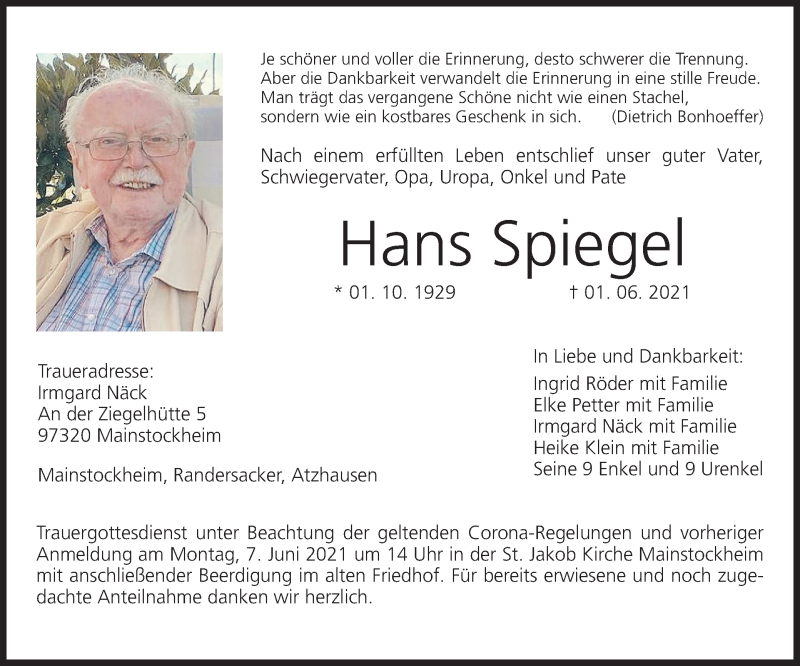  Traueranzeige für Hans Spiegel vom 05.06.2021 aus MGO
