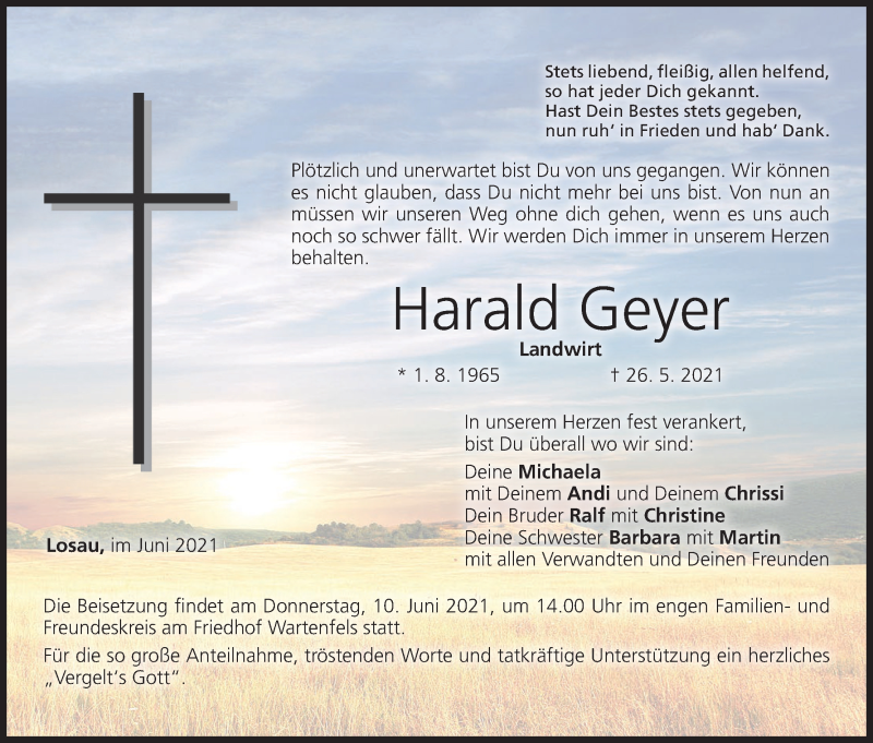  Traueranzeige für Harald Geyer vom 09.06.2021 aus MGO
