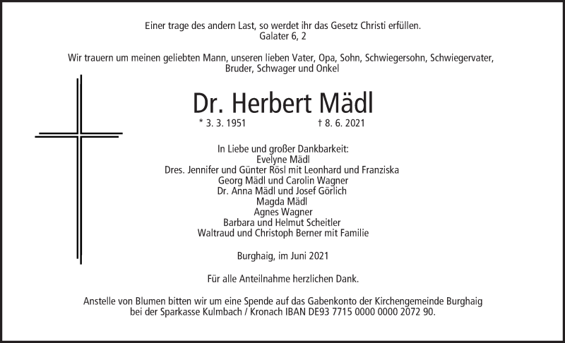  Traueranzeige für Herbert Mädl vom 12.06.2021 aus MGO