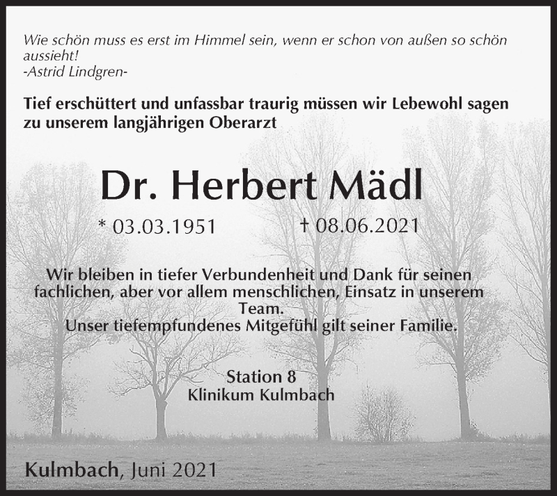  Traueranzeige für Herbert Mädl vom 14.06.2021 aus MGO