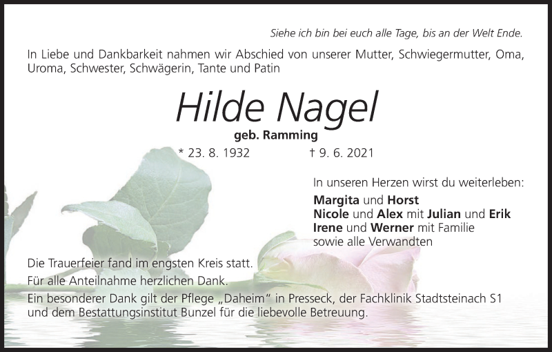  Traueranzeige für Hilde Nagel vom 14.06.2021 aus MGO