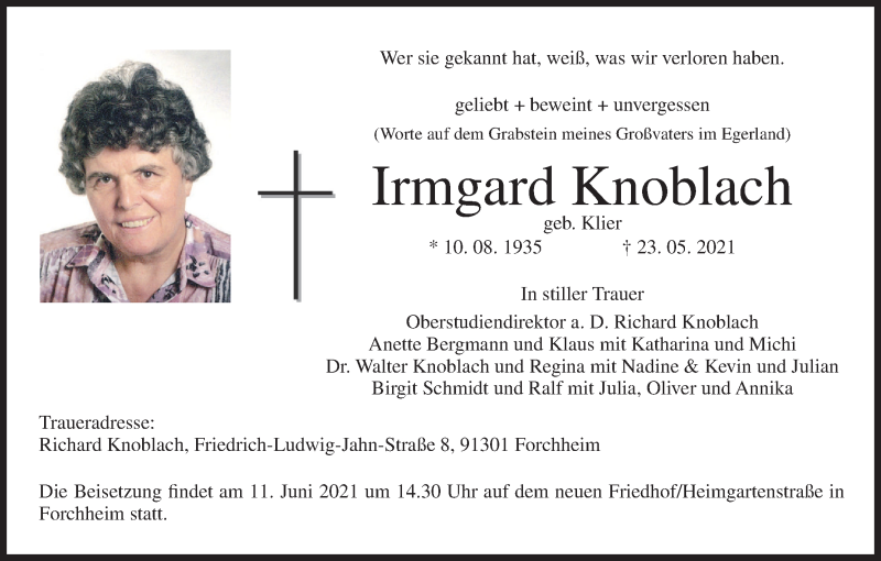  Traueranzeige für Irmgard Knoblach vom 05.06.2021 aus MGO