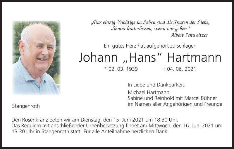  Traueranzeige für Johann „Hans“ Hartmann vom 12.06.2021 aus MGO