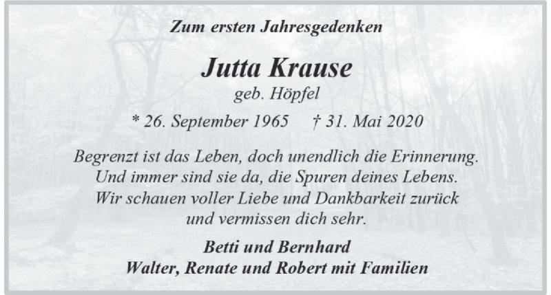  Traueranzeige für Jutta Krause vom 31.05.2021 aus MGO