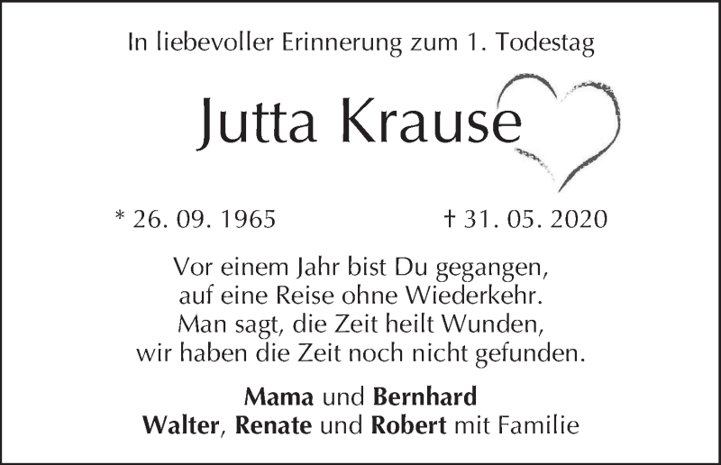  Traueranzeige für Jutta Krause vom 31.05.2021 aus MGO