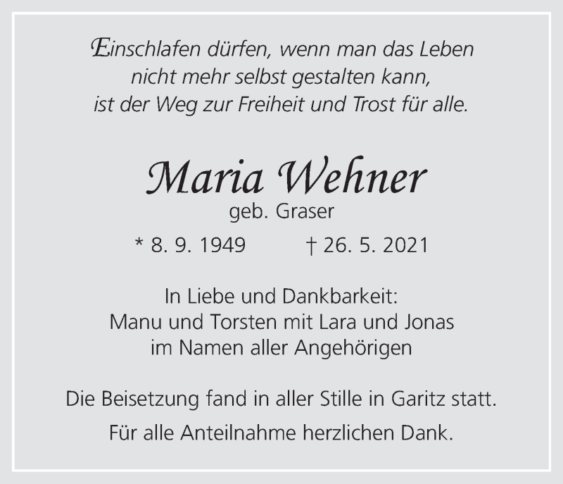  Traueranzeige für Maria Wehner vom 05.06.2021 aus MGO