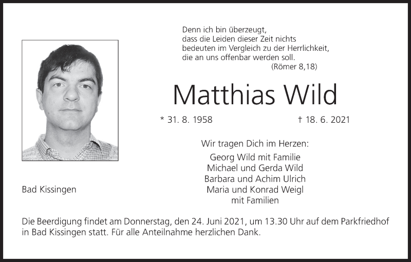  Traueranzeige für Matthias Wild vom 22.06.2021 aus MGO