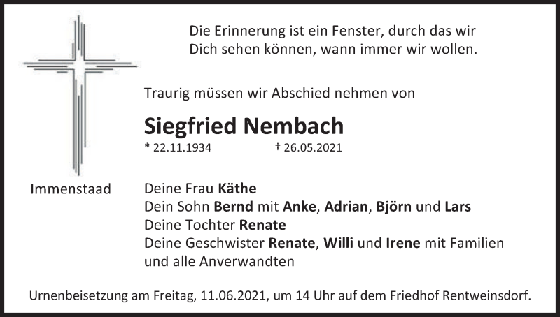  Traueranzeige für Siegfried Nembach vom 07.06.2021 aus MGO