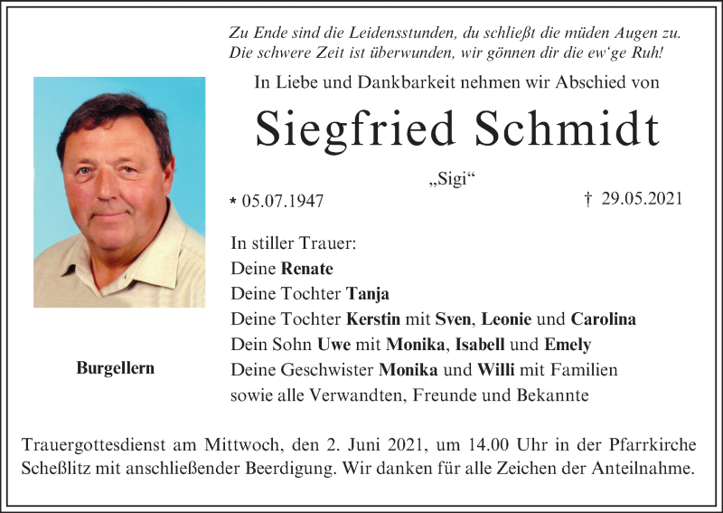  Traueranzeige für Siegfried Schmidt vom 01.06.2021 aus MGO