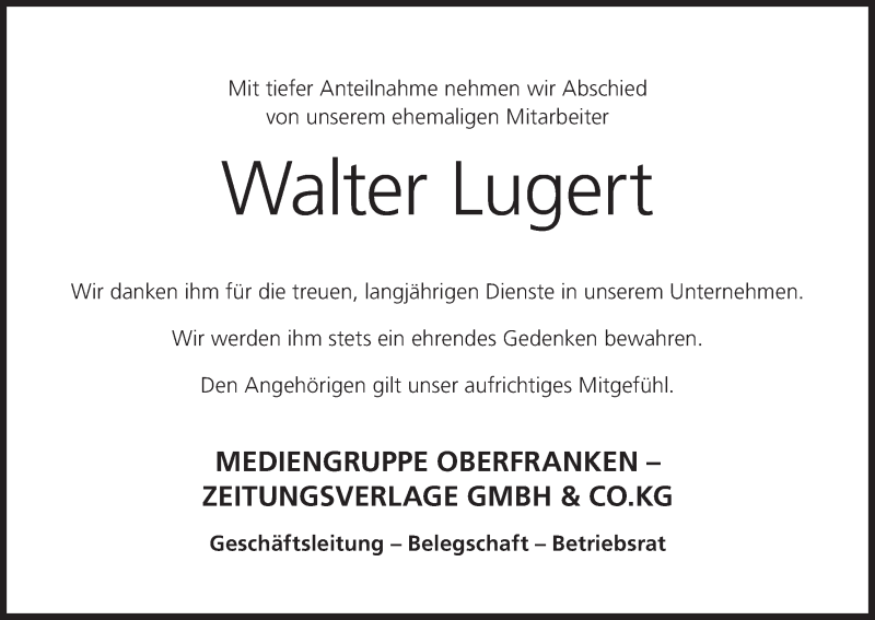  Traueranzeige für Walter Lugert vom 12.06.2021 aus MGO