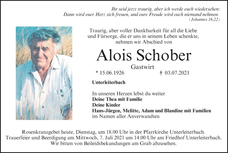  Traueranzeige für Alois Schober vom 06.07.2021 aus MGO