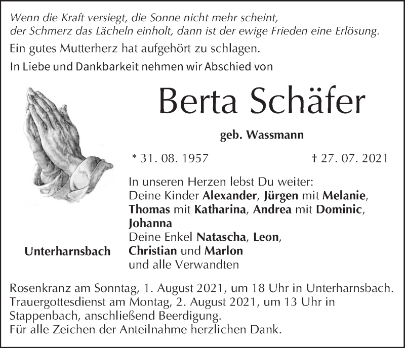  Traueranzeige für Berta Schäfer vom 30.07.2021 aus MGO