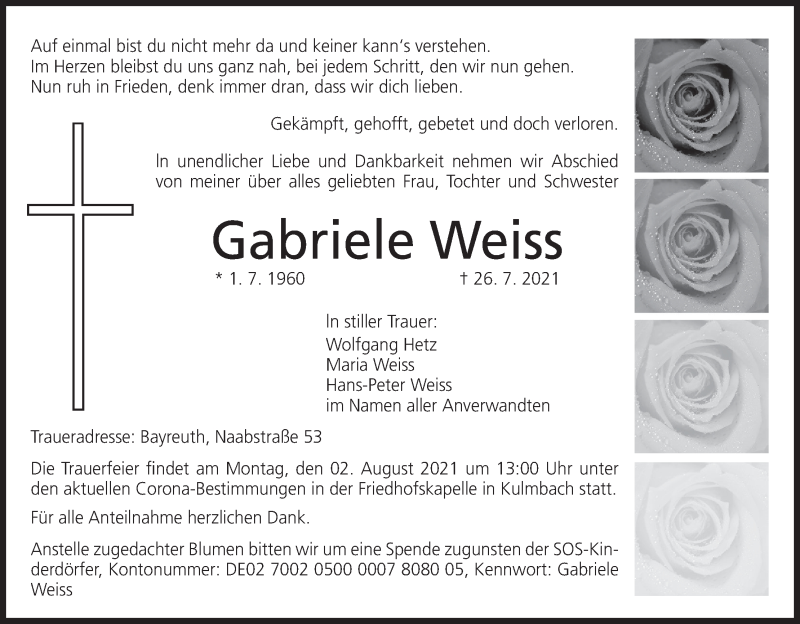  Traueranzeige für Gabriele Weiss vom 29.07.2021 aus MGO