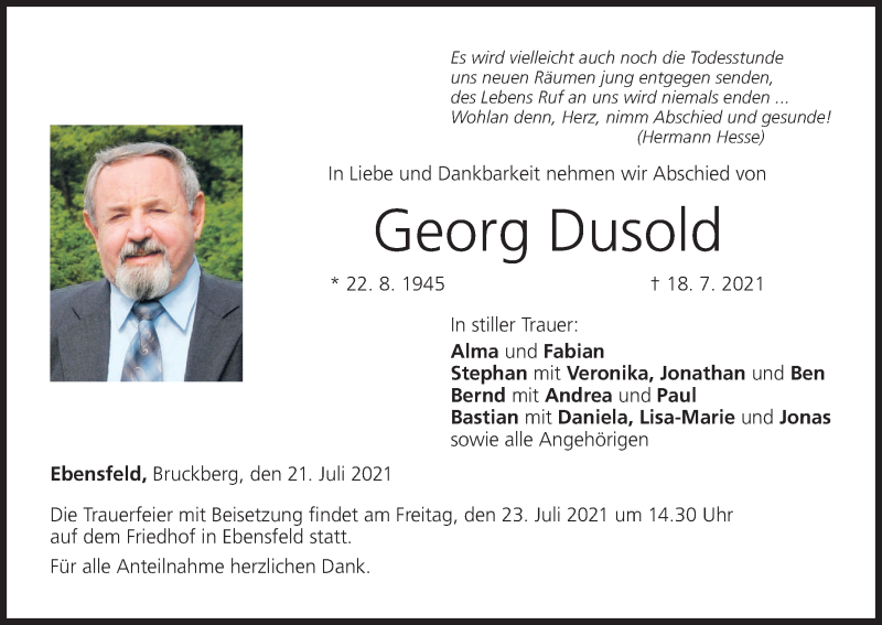  Traueranzeige für Georg Dusold vom 21.07.2021 aus MGO